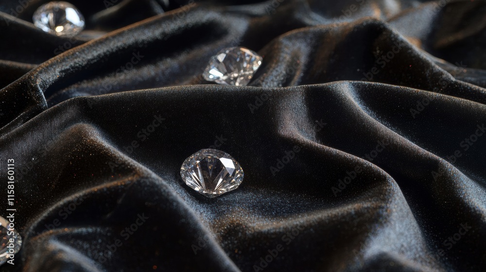 Poster sparkling diamonds scattered on luxurious black fabric with space for text and design elements. gene