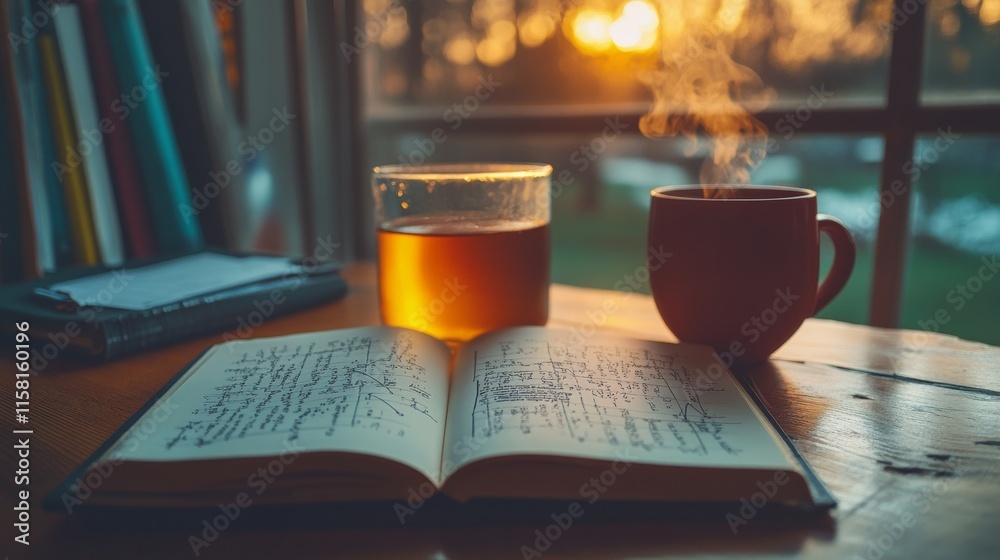 Poster Tranquil Study Space with Open Textbook and Steaming Tea in Warm Evening Light