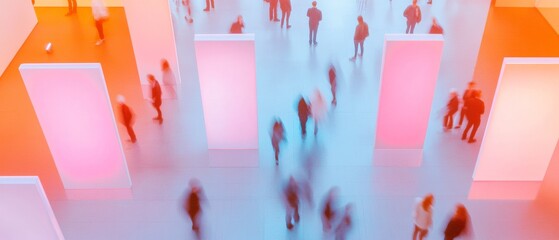 High-Angle View of Science Fair Exhibit Hall with Winter Lighting and Abstract Motion Blur