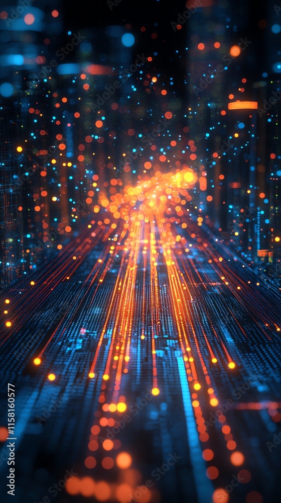 Poster A digital landscape with vibrant particles representing data flow and technology.