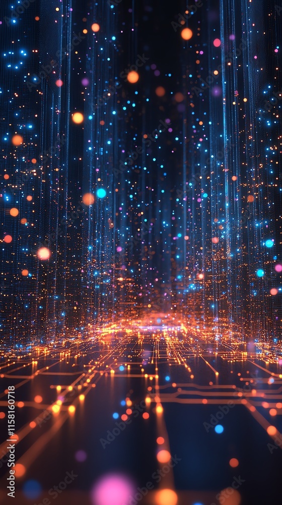 Poster A digital landscape with glowing particles and circuit patterns, symbolizing technology and data.