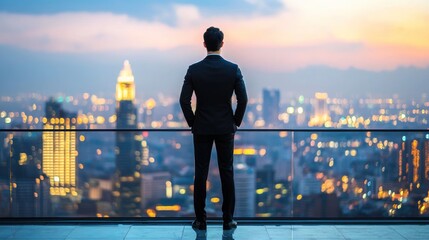 A man in a suit gazes over a city skyline at sunset, reflecting ambition and contemplation.
