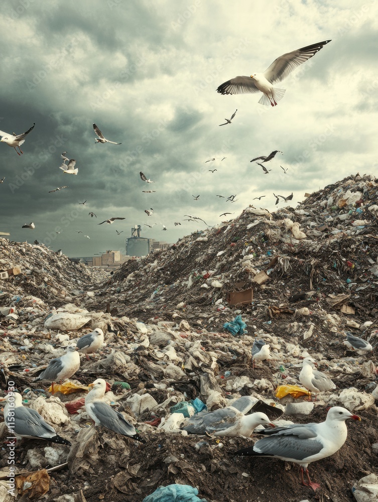 Poster Seagulls soaring over a vast landfill with a cloudy sky creating an intriguing backdrop for text placement. Generative AI
