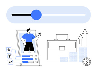 Fitness app interface with activities icons and progress slider. Business briefcase and rising graph for growth. Ideal for fitness, productivity, goal setting, organization, financial planning