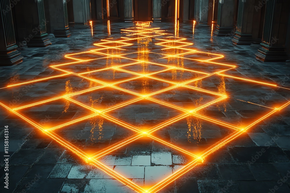 Poster a futuristic room with glowing orange grid patterns on a reflective floor.