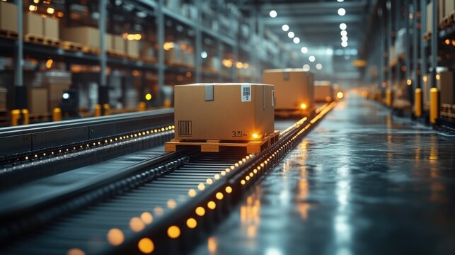Cardboard boxes on a high-speed conveyor belt in a logistics warehouse, representing supply chain operations
