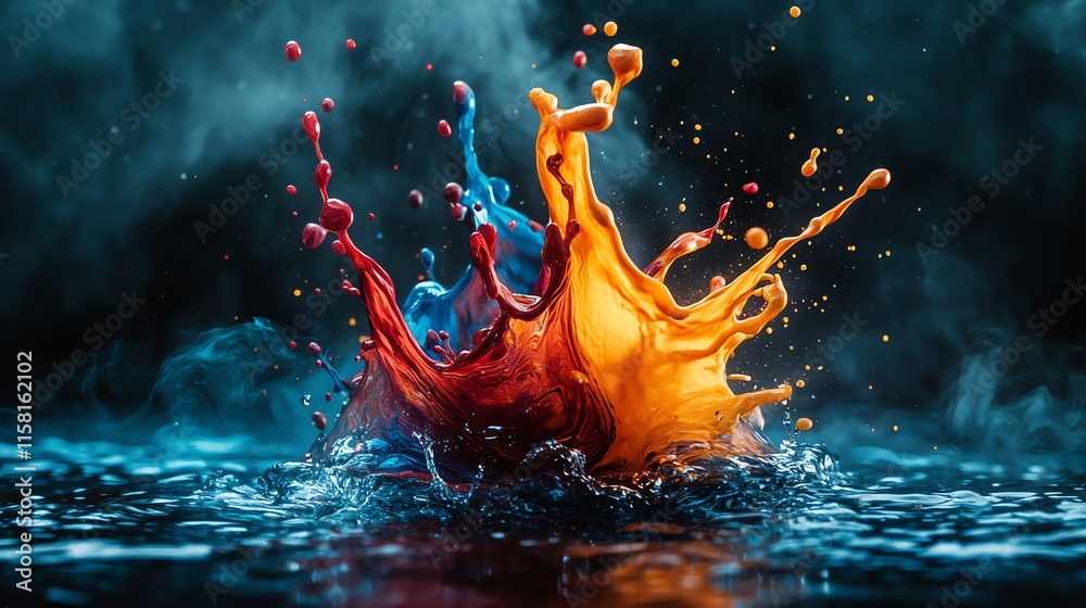 Poster A vibrant splash of colorful paint creating dynamic patterns in water.