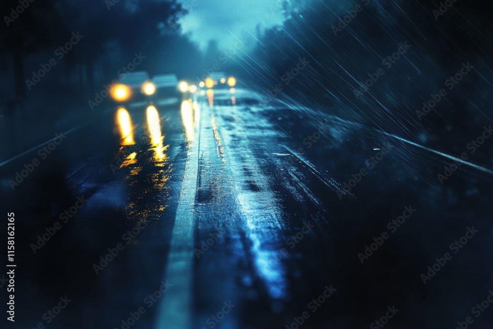 Poster bright streaks of car lights on wet night road with dark surroundings and ample space for text displ