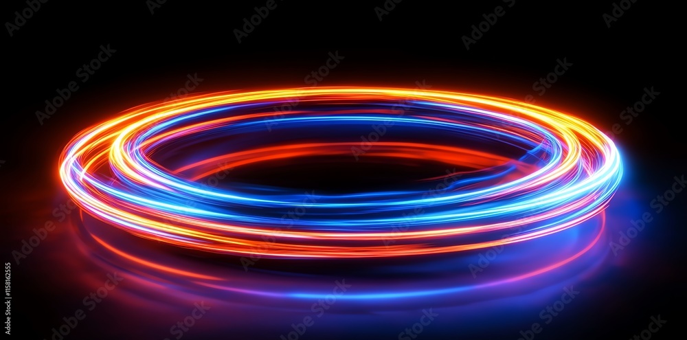 Poster a dynamic swirl of blue and orange light trails against a dark background.