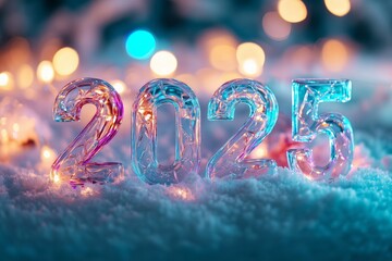 New Year 2025 numbers in the snow with a Christmas tree and lights, a New Year concept. - Generative AI