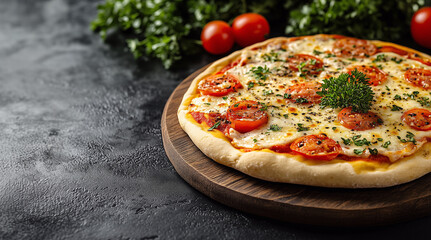 Delicious Pizza Topped with Cheese and Tomatoes Background with Room for Text