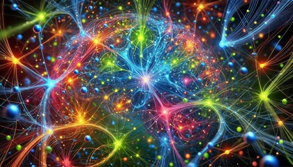 Colorful abstract neural network with glowing blue and green nodes, complex connections of brain synapses