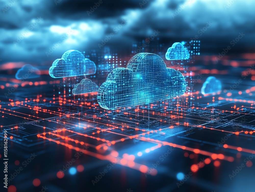 Poster Digital representation of cloud computing with interconnected data points.