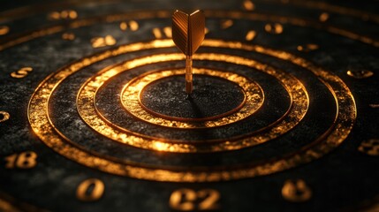 Golden dart striking a circular target on a black background, symbolizing accuracy and achievement