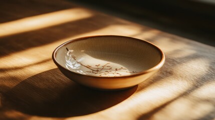 A simple ceramic bowl with a delicate floral design, illuminated by soft sunlight.