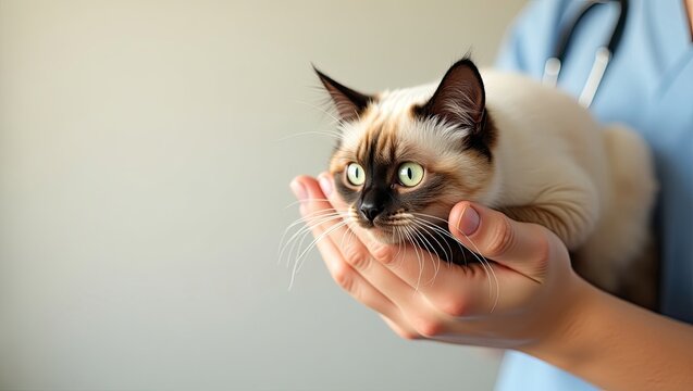 Gentle veterinarians holding a cute cat