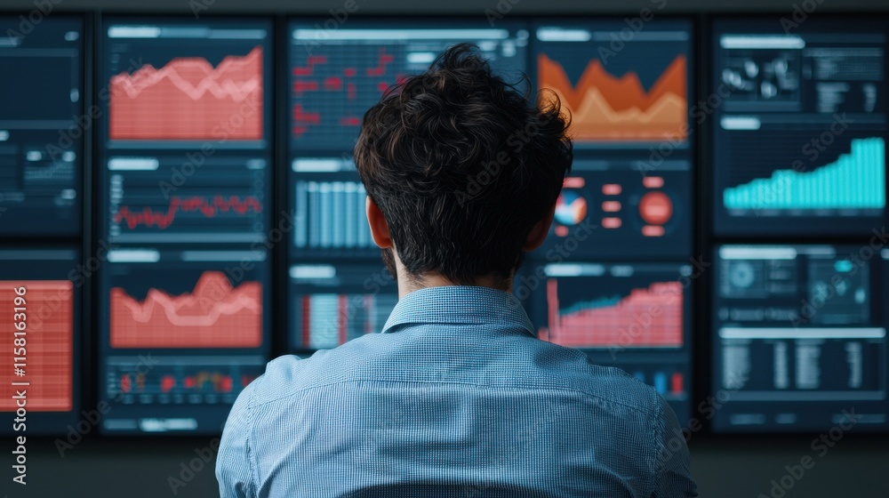 Poster financial analyst observing stock market data on multiple screens in office