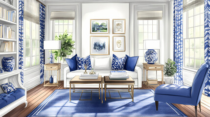 Chic study room with white walls and cobalt blue accessories. Cobalt. Illustration
