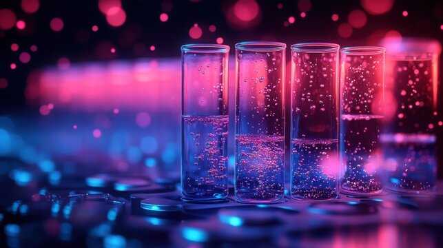 Laboratory glassware with test tubes bubbling during a chemical reaction, ideal for scientific and educational visuals