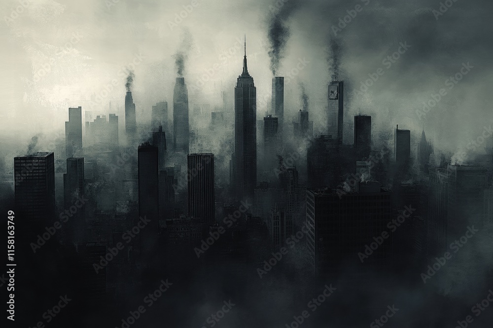 Poster dense smog envelops urban skyline creating a haunting atmosphere above the city. generative ai