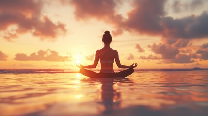 Fototapeta premium A serene figure meditating on water at sunset, embodying tranquility and mindfulness.