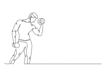 Man workout using barbell continuous one line drawing. Cardio and lifting exercises single line art illustration. Editable vector.