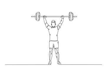 Man doing exercise with a heavy weight bar in continuous one line drawing. Cardio and lifting exercises single line art illustration. Editable vector.