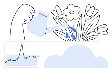 Watering can and blossoming flowers chart with growth data cloud. Ideal for growth, nurturing, environment, success, agriculture, progress, analysis. Line metaphor