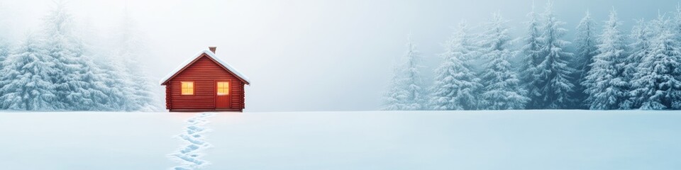 Serene Winter Cabin with Illuminated Windows in Snowy Pine Forest at Twilight