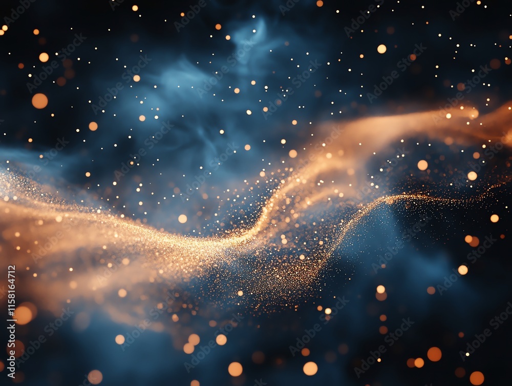 Poster Abstract representation of swirling particles and light in a cosmic setting.