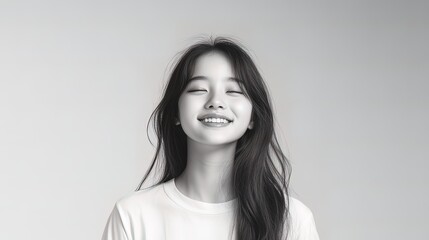Happy young woman with long hair smiling, black and white portrait.