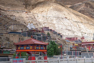 Typical tibetan houses along the road to Sakya Monastery, Shigatse, Tibet, China