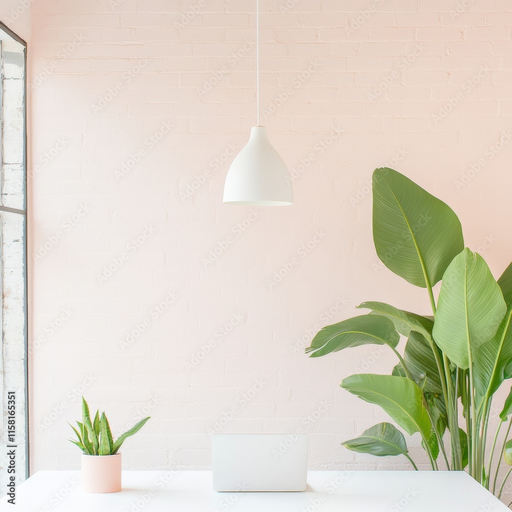 Aufkleber minimalist workspace with indoor greenery and soft lighting