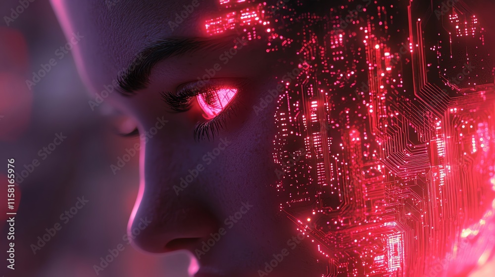 Leinwandbilder close-up of a futuristic humanoid face with digital circuitry and glowing elements.