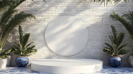 3d rendering of a whitewashed brick wall with a round podium and potted palms mediterranean vibes terracotta cobalt blue olive green white tribal patterns. Cobalt. Illustration