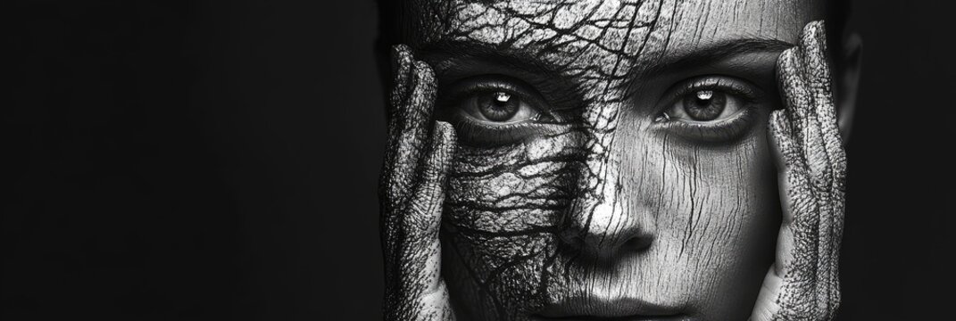Artistic expression of human emotions through textured facial painting in monochrome
