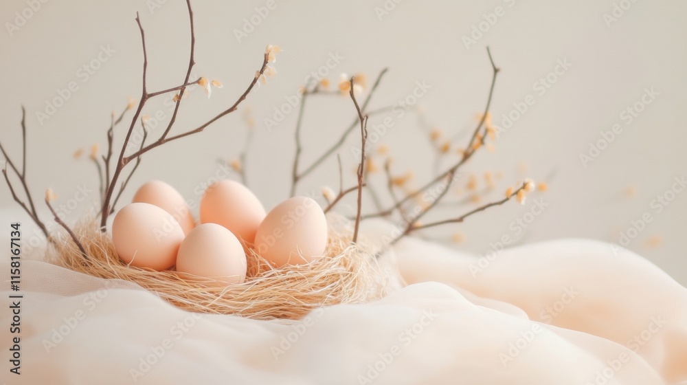 Poster Pastel Easter Eggs in Nest with Delicate Twigs on Soft Fabric Background