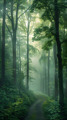 Obraz premium Serenity in the Mist: A Foggy Morning in a Dense Forest Inviting Reflection and Tranquility