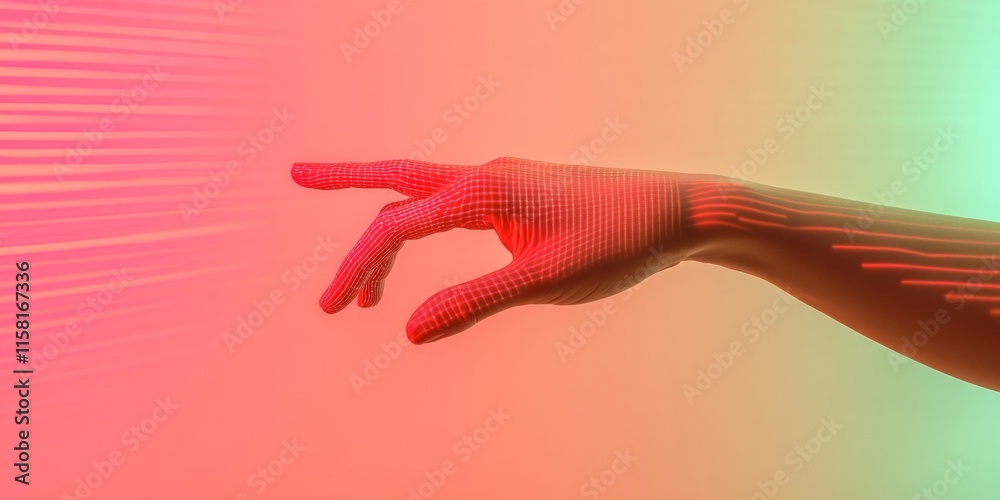 Leinwandbilder Futuristic Human-Robotic Interaction with Digital Patterns Against Gradient Background