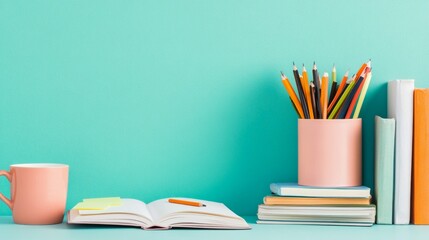 Fototapeta premium Cozy Study Space with Stationery and Books on Minimalist Desk