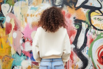 Woman Admires Vibrant Urban Graffiti Art in City Street Back View Colorful Painting