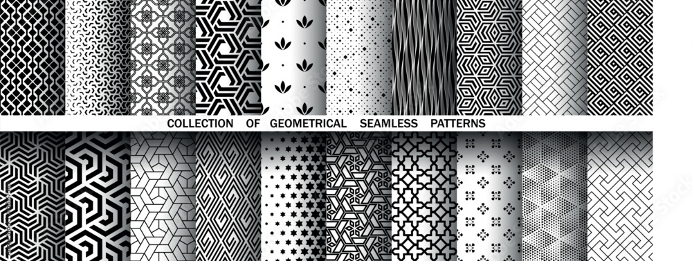 Poster Geometric set of seamless black and white patterns. Simple vector graphics.