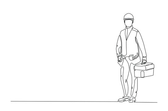 recommend clip art: Builder man holding tool box in continuous one line drawing. construction worker single line art illustration. Editable vector.