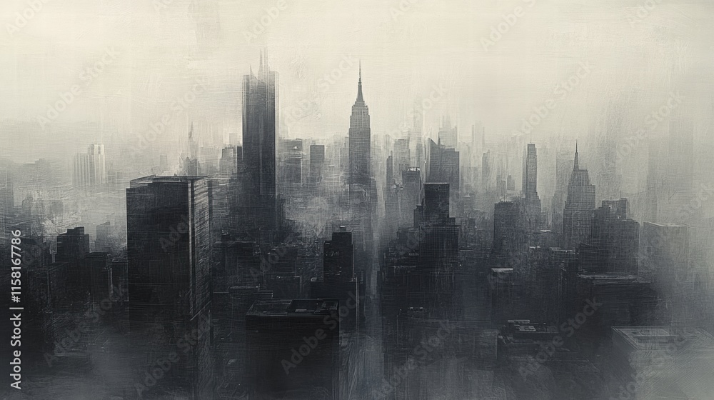 Poster Dense smog envelops sprawling city skyline with iconic structures and obscured visibility. Generative AI