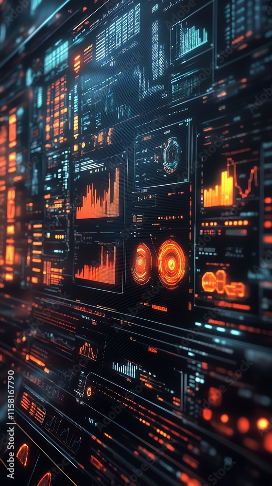Poster A futuristic digital interface displaying data visualizations and analytics.