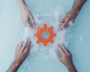 Fototapeta premium Collaborative Efforts Hands Aligning Gear Symbolizing Teamwork and Synergy in Water