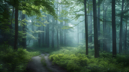 Obraz premium Serenity in the Mist: A Foggy Morning in a Dense Forest Inviting Reflection and Tranquility