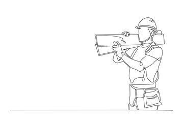 Carpenter carrying stack of wooden boards in continuous one line drawing. construction worker single line art illustration. Editable vector.