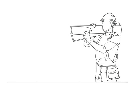 Carpenter carrying stack of wooden boards in continuous one line drawing. construction worker single line art illustration. Editable vector.