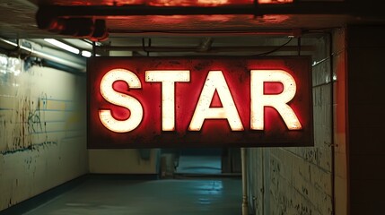 Red illuminated "STAR" sign in a dark urban passageway.